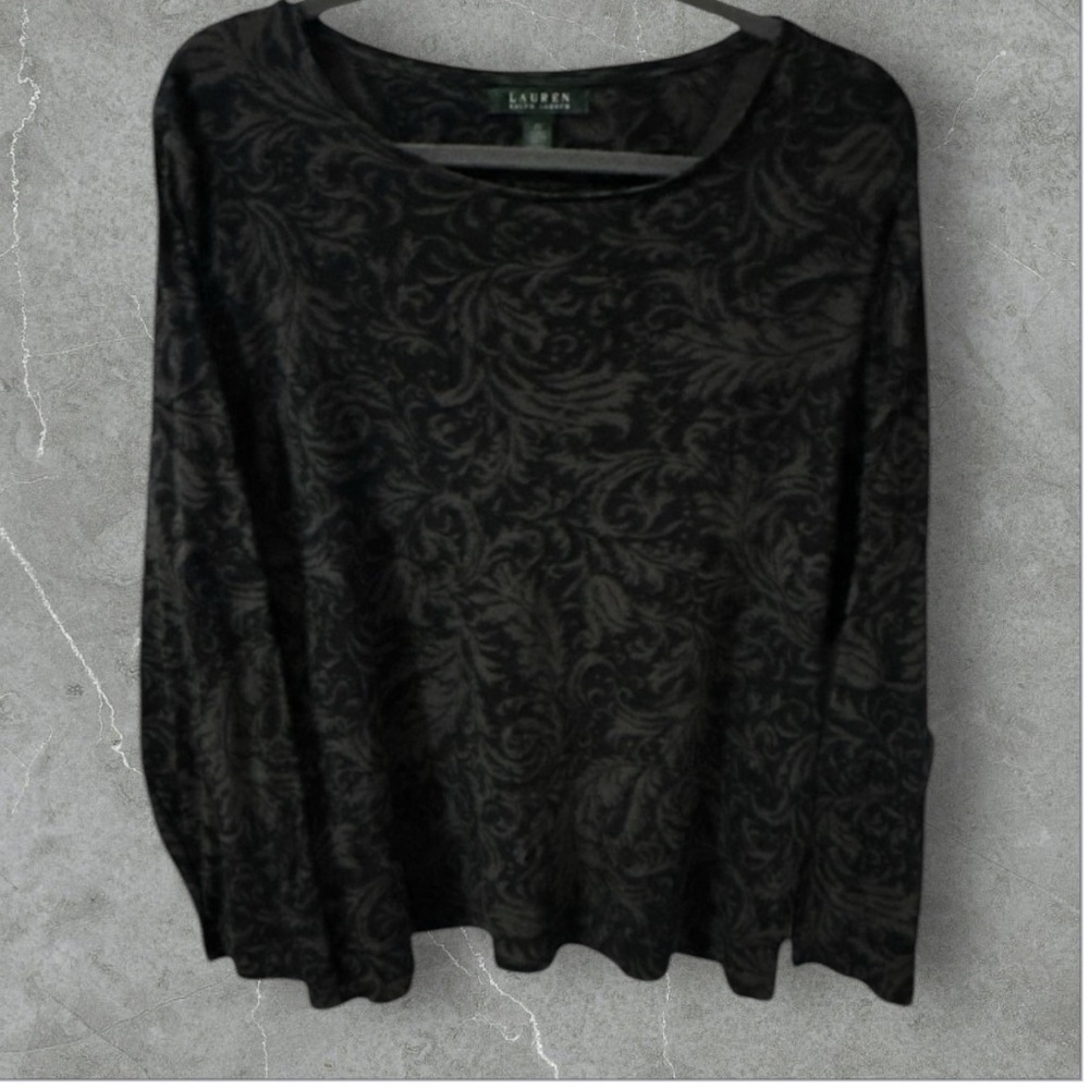 Lauren Ralph Lauren black and gray damask floral print long sleeve top 2x